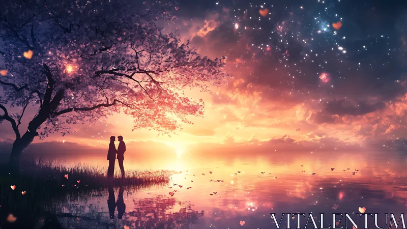 Luminescent Couple Silhouettes: Twilight Reflection with Ethereal Bokeh.