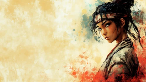 Warrior portrait framed by abstract ink splatter field.