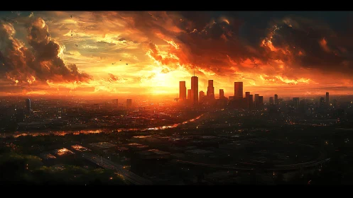 Burnished megacity skyline under incendiary sunset clouds.