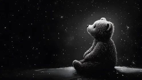 Solitary teddy bear gazes into a star-filled monochrome void