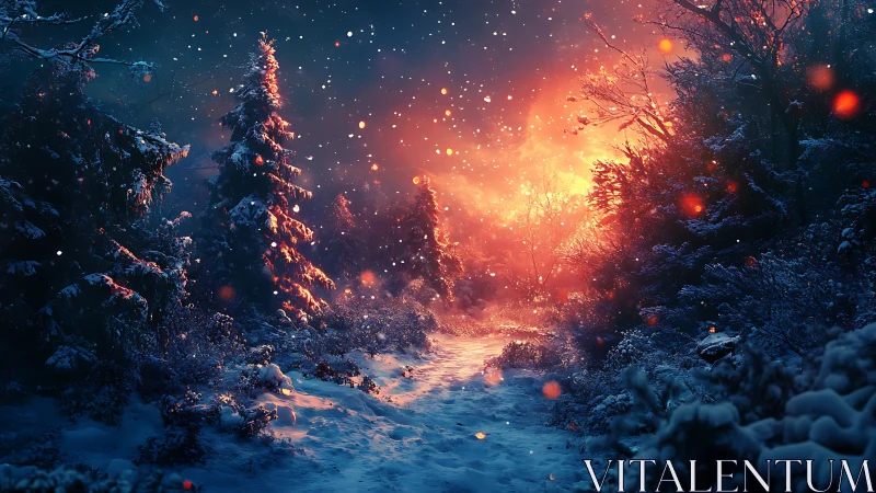 Digital painting of a winter forest path with fiery dusk glow.