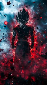 Shadow-charged warrior blazing through red cosmic rupture.