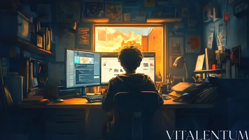 Golden hour coder at a cozy, cluttered creative desk.