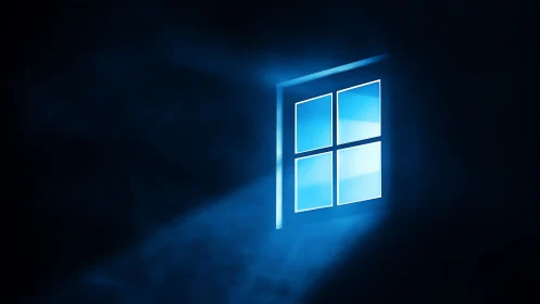Glowing blue window frame in dark digital background.