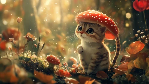 Whimsical kitten under toadstool in glowing forest scene.