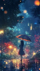 Rainlit girl rewrites city night beneath glowing umbrella