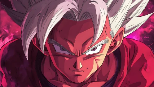 Scarlet auras surge around a silver‑haired anime warrior.