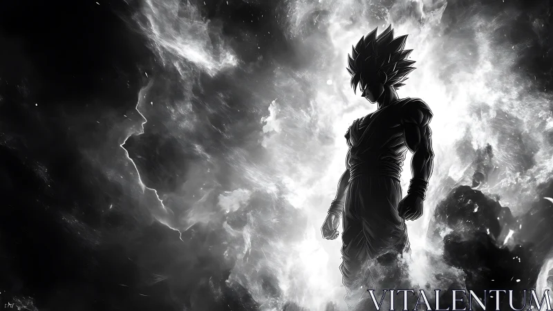 Silhouetted spiky-haired figure in high-contrast energy field.