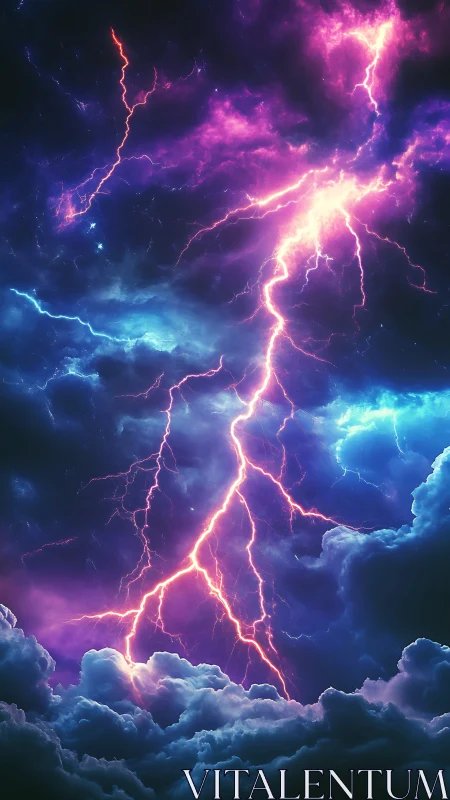 Neon lightning fractures a cosmic storm sky in vivid color.