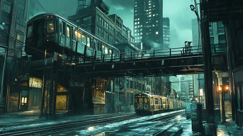 Urban rail junction in rain with elevated and ground tracks.