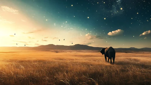 Elephant crosses golden savanna under composite sunset and starfield
