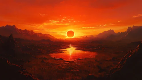 Red alien landscape shows dark sun over reflective river