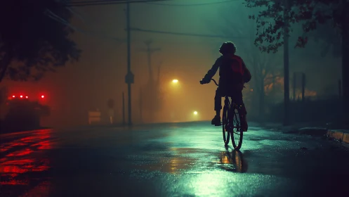 Cyclist traveling on wet pavement under artificial street lighting