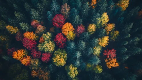 Overhead view of mixed forest canopy in autumn period.