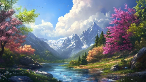 Vibrant alpine valley river beneath snow capped mountain range