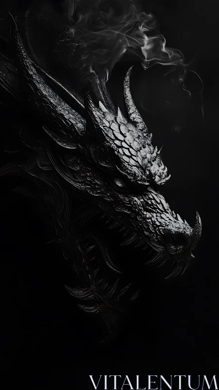 Dark metallic dragon head emerging from shadowed smoke.