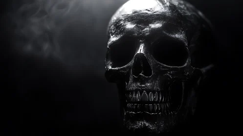 High-contrast black skull render with specular reflections and fog