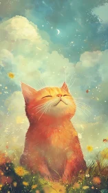 Orange feline with closed eyes gazing upward amid ethereal clouds and luminous particle effects