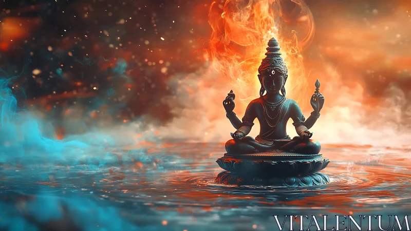 Bronze deity statue floats on water amid fire and smoke