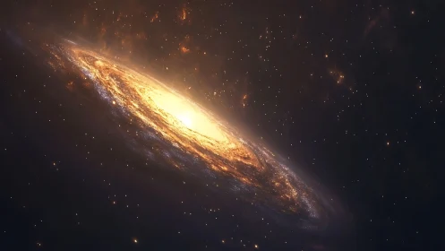 Rotating edge-on spiral galaxy rendered in warm light