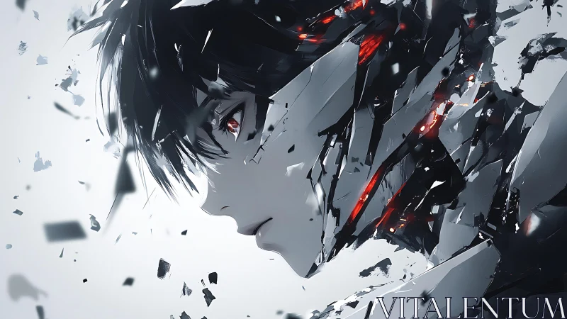 Cybernetic anime warrior shatters into glowing fragments.