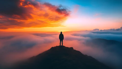 Solitary traveler soaking in a glowing mountaintop sunrise.
