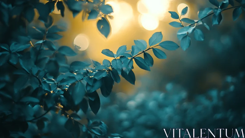Backlit teal foliage frames defocused golden bokeh field