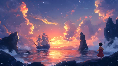 Sunset-lit pirate ship sails toward a rocky horizon.