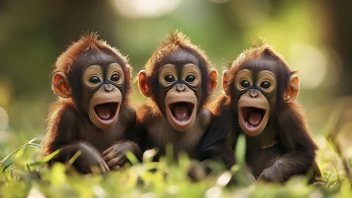 Triplet baby chimps in sunlit grassland giggle chorus.
