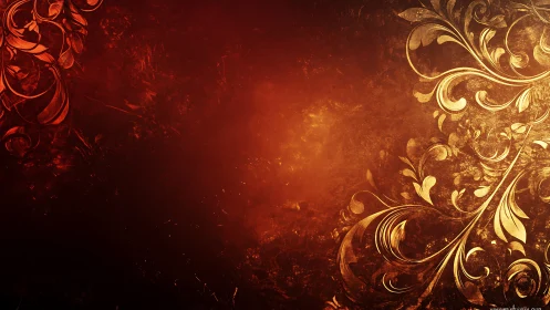Golden baroque flourishes on textured crimson gradient field.