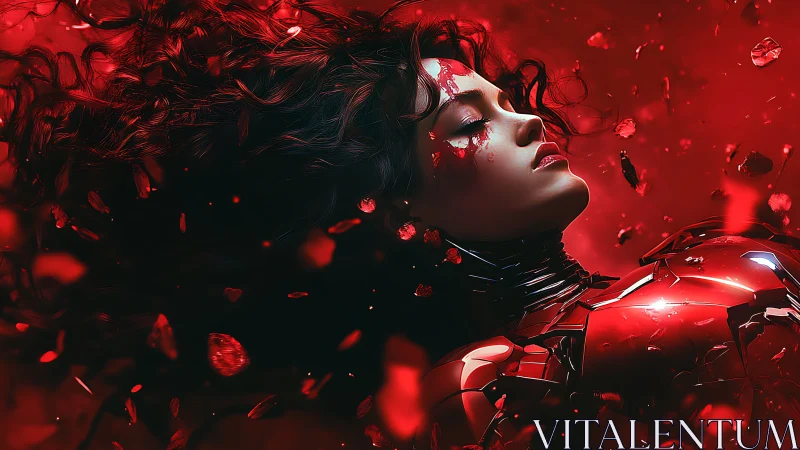 Cybernetic woman in red armor amid floating shards.
