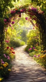 Sunlit rose archway guiding a dreamlike garden wanderer.