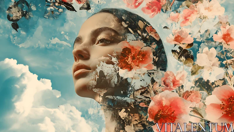 Surreal double exposure portrait merges florals and skyscape