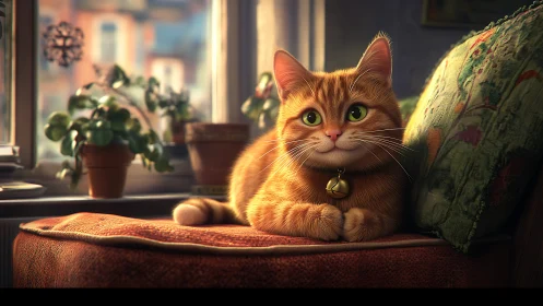 Orange Tabby Cat on Couch in Sunlit Room