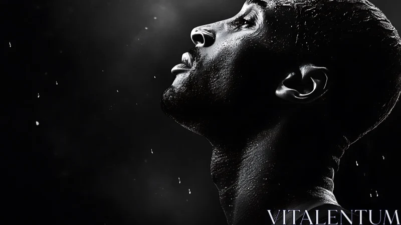 Profile view of wet male face in high contrast lighting.