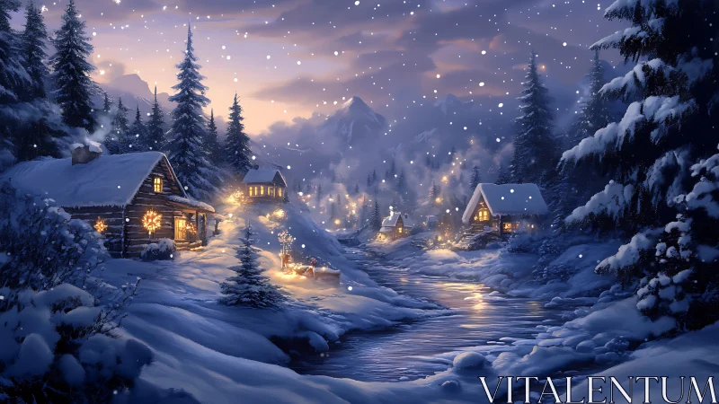 Snowflakes drift as a mountain village hums with winter light