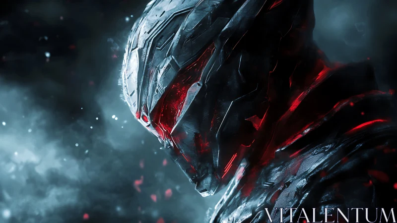 Cybernetic warlord helmet burns with red fractured light.