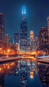 Winter city skyline reflected in calm urban river.