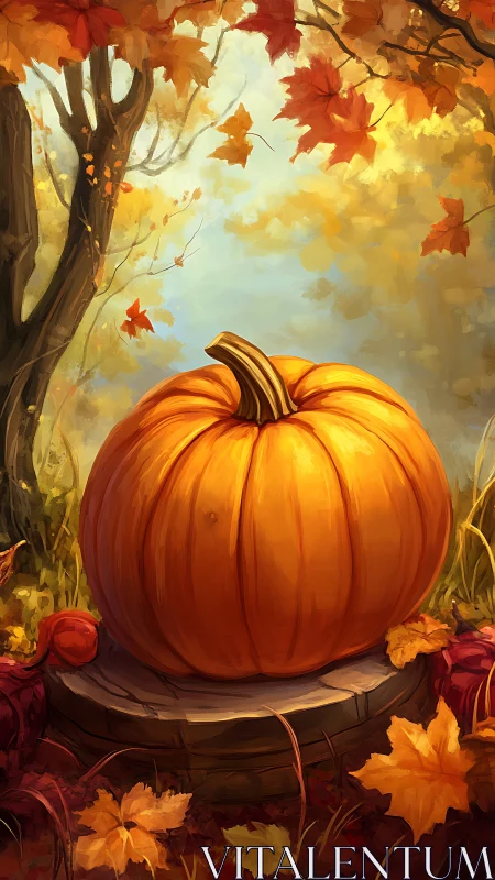 Autumn pumpkin still life on stump under glowing foliage.