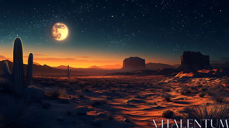 Lunar-illuminated desert plateau under gradient twilight sky