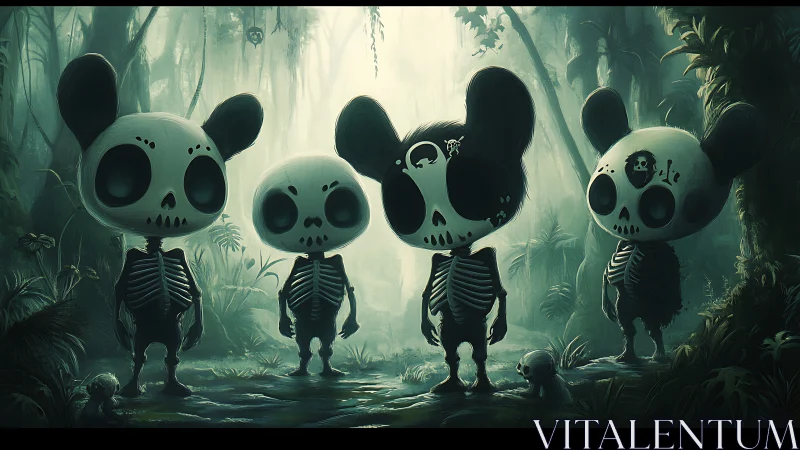 Skeletal chibi panda spirits in misty bioluminescent jungle