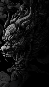 Monochrome dragon head illustration with flowing mane.