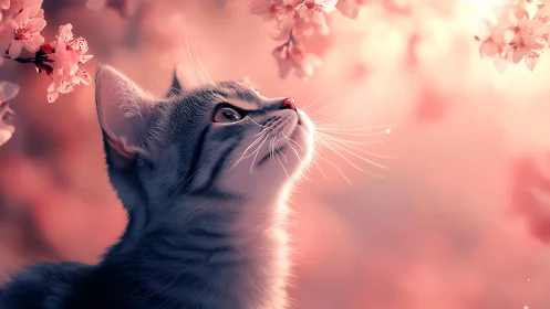 Cat Gazing Upward Among Cherry Blossoms.