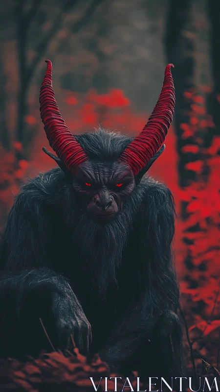 Horned humanoid creature in red forest environment.