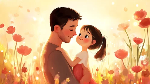 Sunset Embrace: Father & Daughter's Wildflower Wonder.