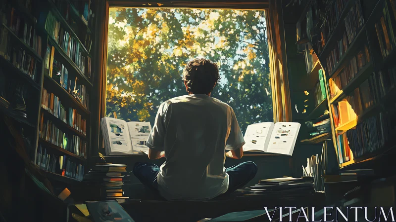 Sunlit study window framing solitary reader in library.