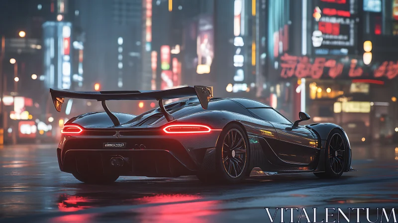 Cyberpunk hypercar rear view in neon-soaked night cityscape.