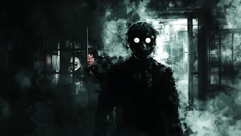 Mask figure stalks corridor through smoky monochrome haze.