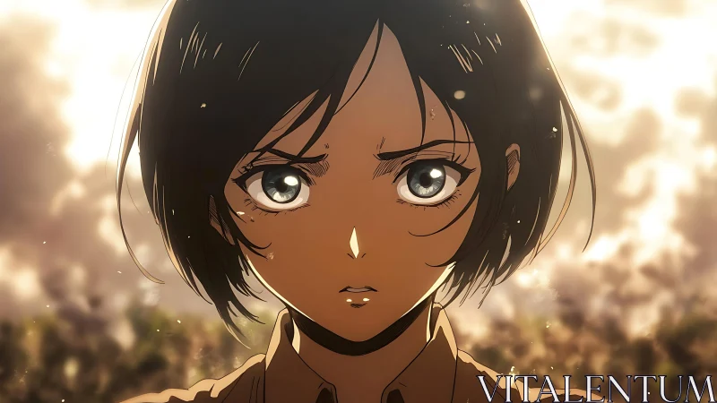 Storm-eyed anime heroine facing a sunlit battlefield horizon.