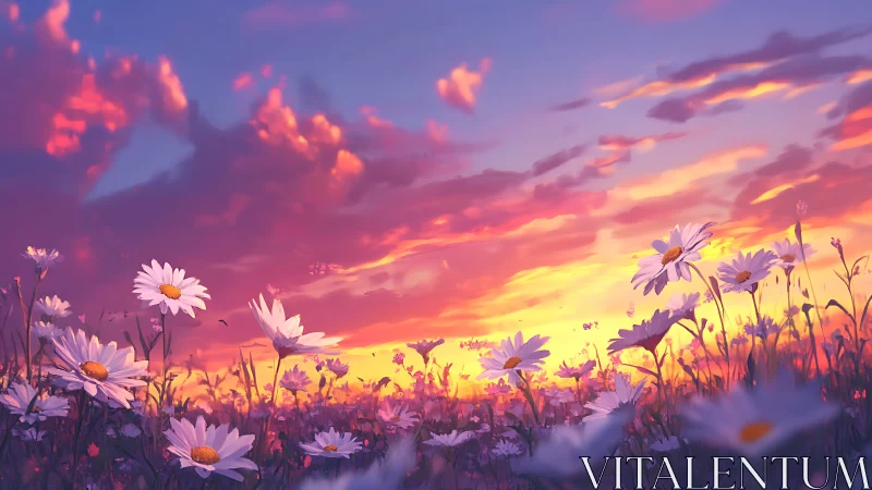 Daisy field under vivid multicolored sunset sky. Period.